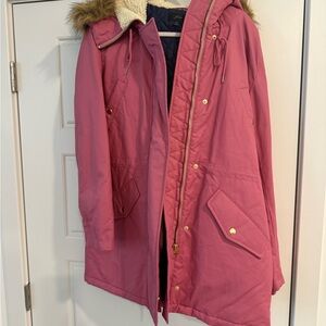 J Crew Pink Hooded Women's coated Parka Coat